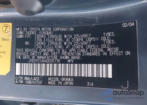 2004 Toyota Highlander Limited V6 z USA, uszkodzony, nr VIN JTEEP21AX40035778